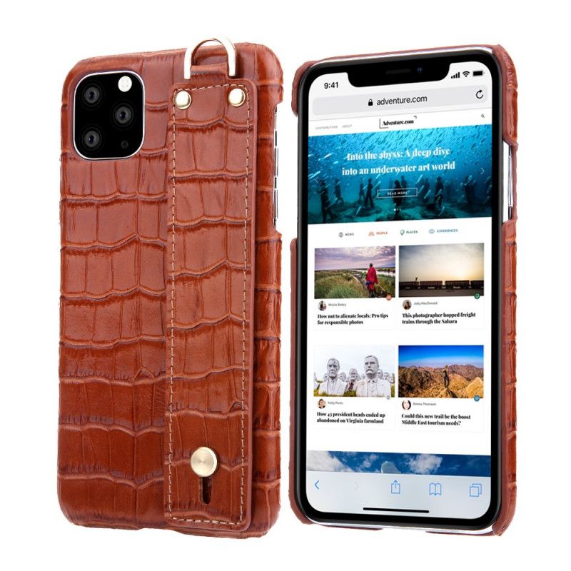 Coque iPhone 11 Pro Max Véritable Cuir Style Crocodile Avec Sangle