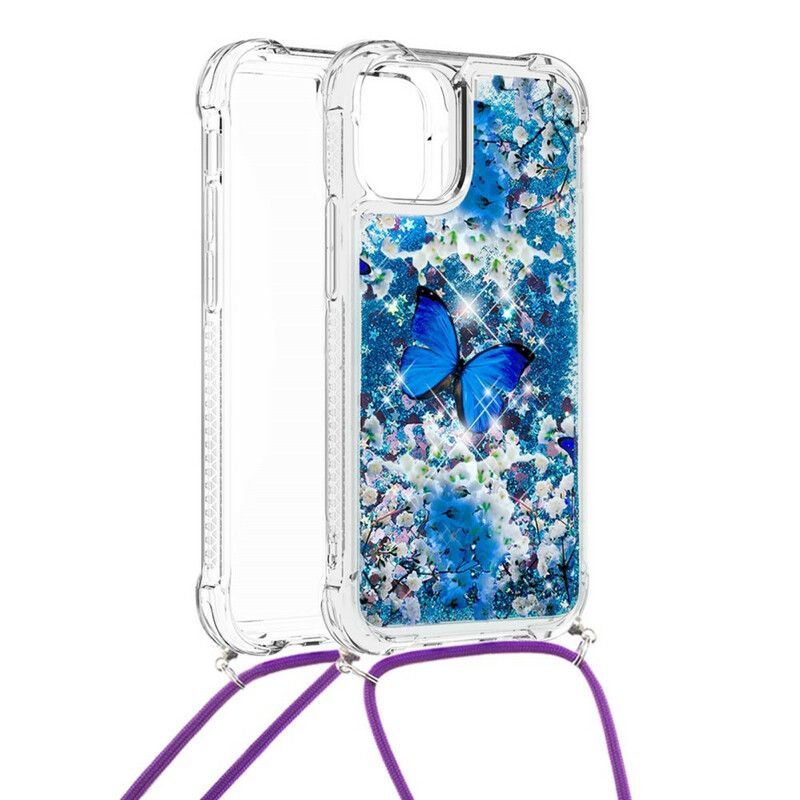 Coque iPhone 13 À Cordon Paillettes Papillons