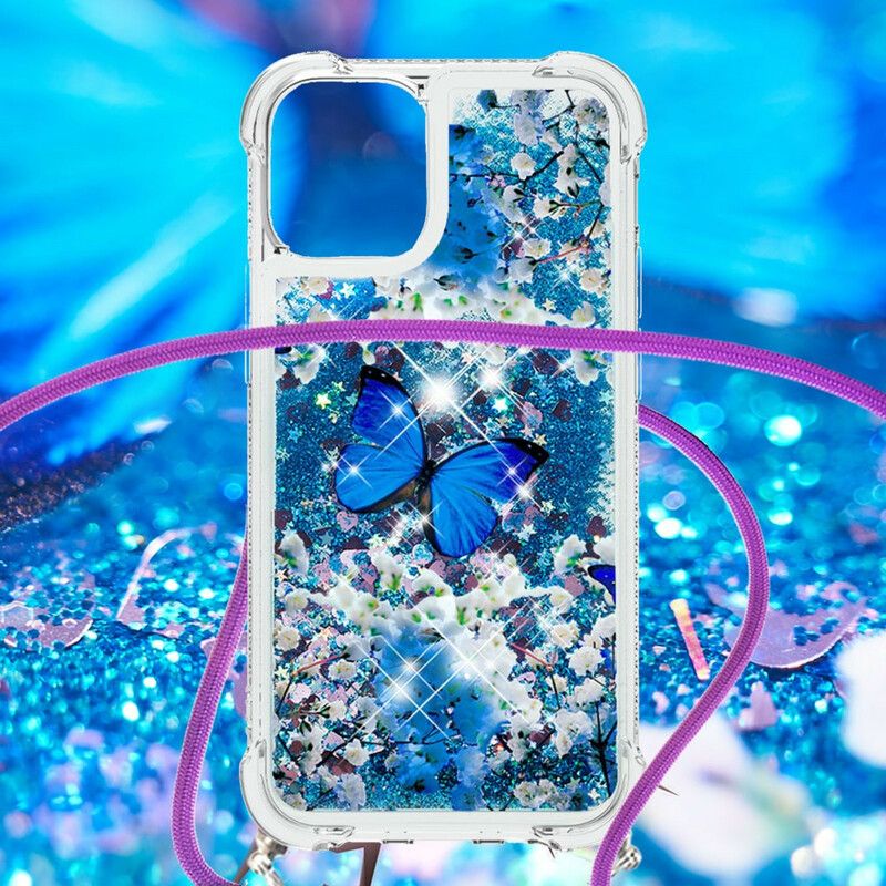 Coque iPhone 13 À Cordon Paillettes Papillons