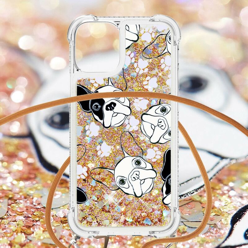 Coque iPhone 13 Pro À Cordon Paillettes Chiens