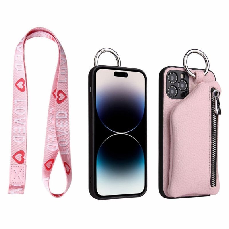 Coque iPhone 14 Pro Max Porte Monnaie et Lanière