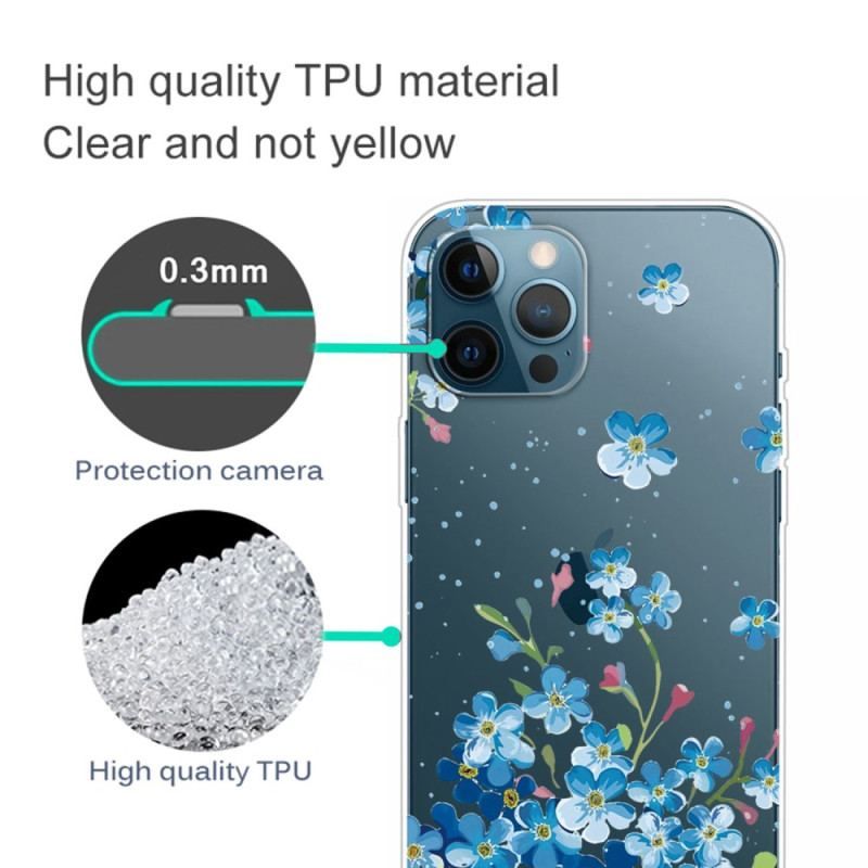 Coque iPhone 14 Pro Transparente Fleurs Bleues