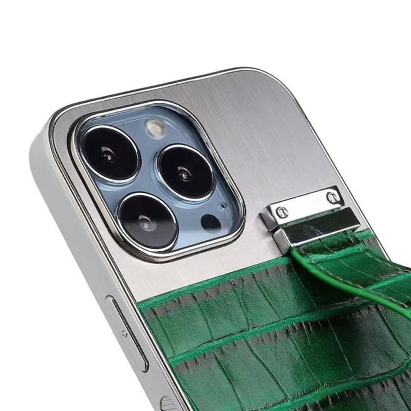 Coque iPhone 14 Simili Cuir Crocodile avec Sangle Support