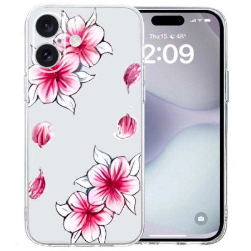 Coque iPhone 16 Bord Transparent Cerisier en Fleur