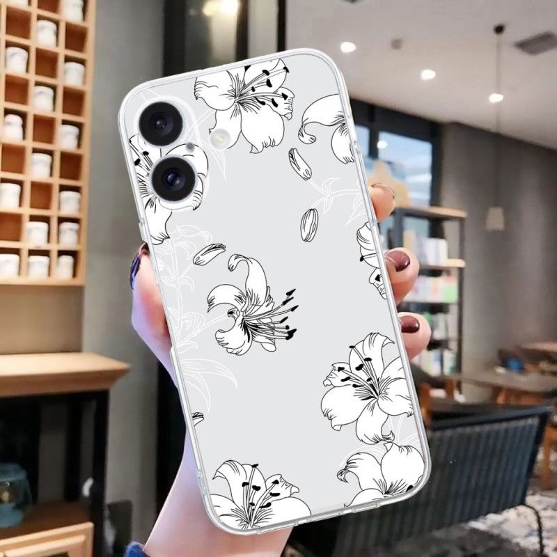 Coque iPhone 16 Bord Transparent Fleurs Blanches