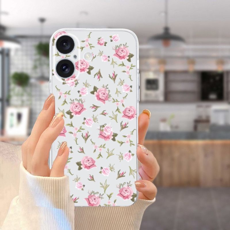 Coque iPhone 16 Bord Transparent Fleurs Roses