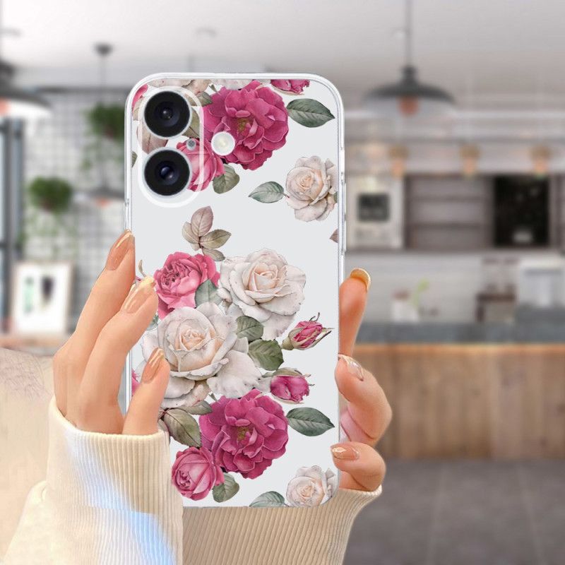 Coque iPhone 16 Bord Transparent Pivoines