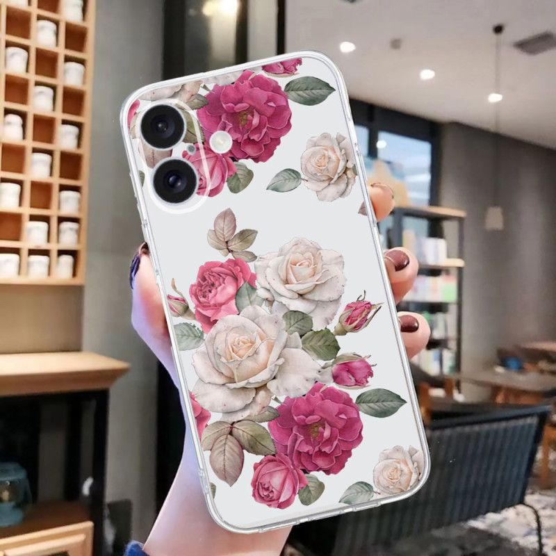 Coque iPhone 16 Bord Transparent Pivoines