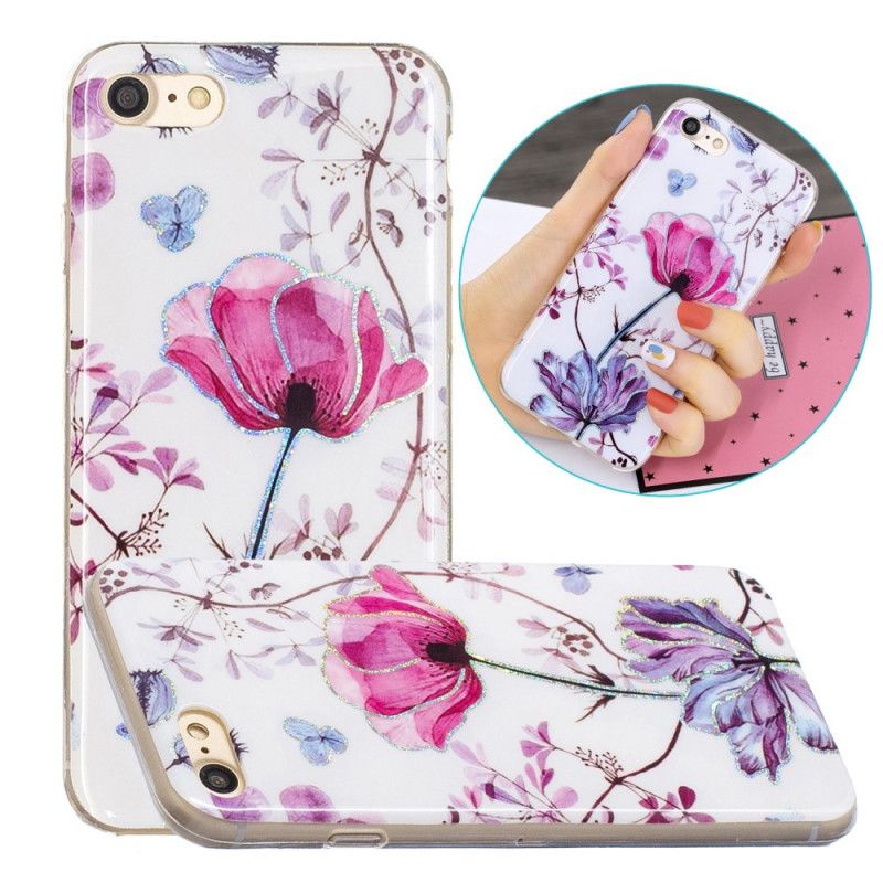 Coque iPhone Se 2 / 8 / 7 Fleurs Design Paillettes