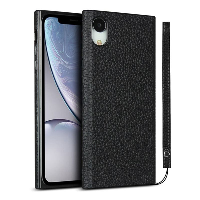 Coque iPhone Xr Véritable Cuir Litchi Avec Lanière