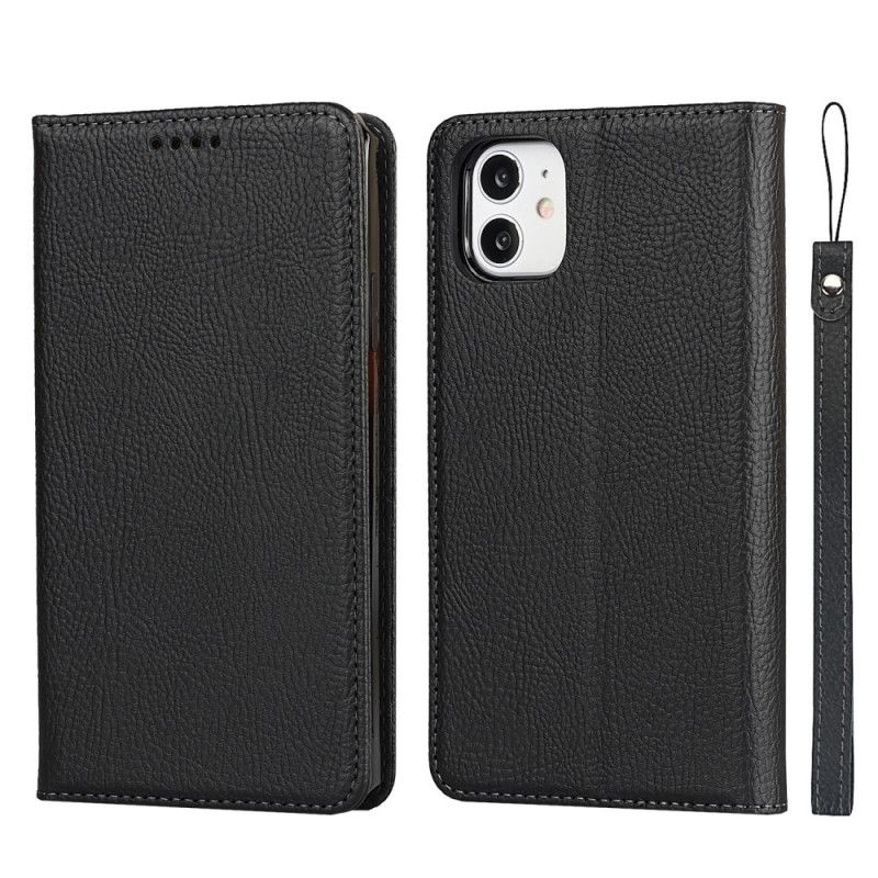 Flip Cover iPhone 11 Cuir Litchi Véritable À Lanière