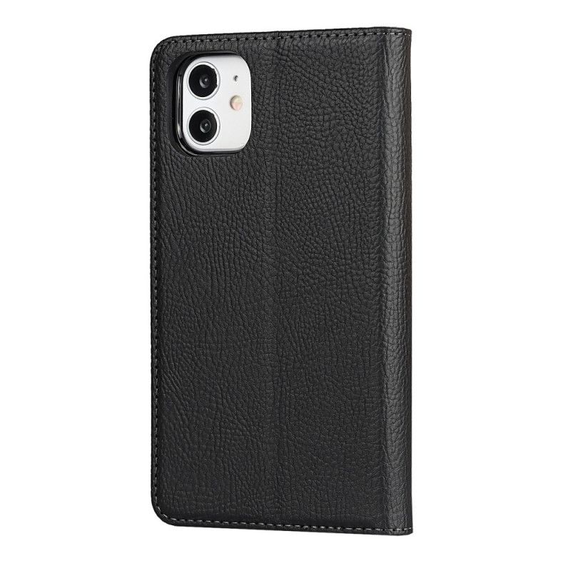 Flip Cover iPhone 11 Cuir Litchi Véritable À Lanière