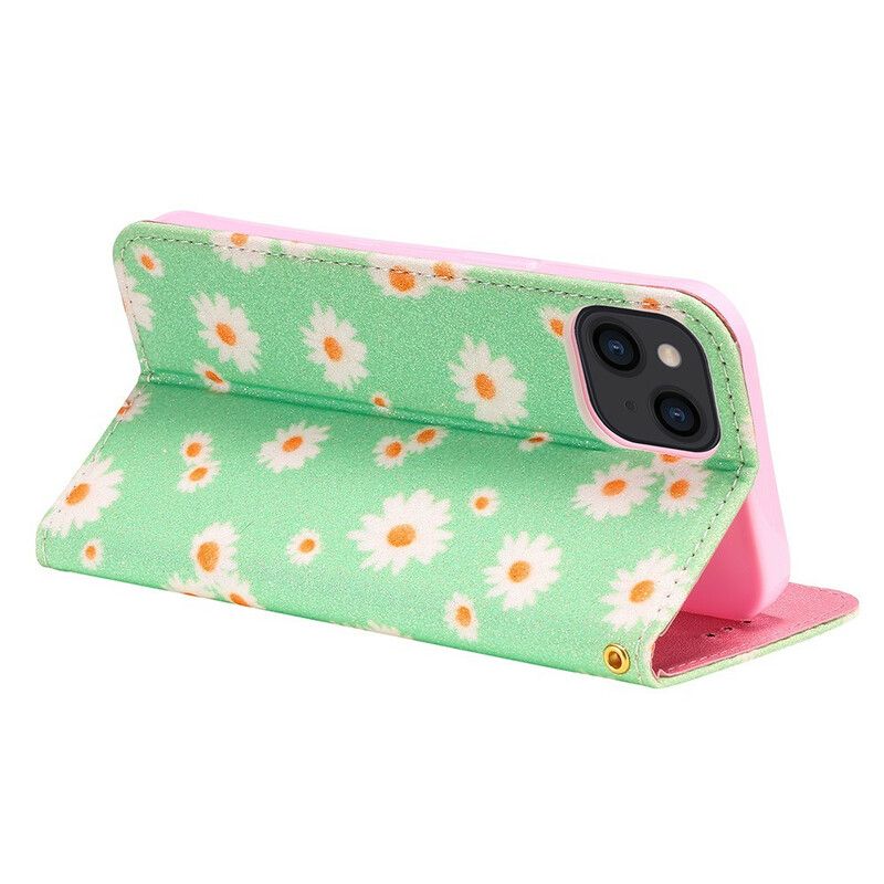 Flip Cover iPhone 13 Simili Cuir Marguerites