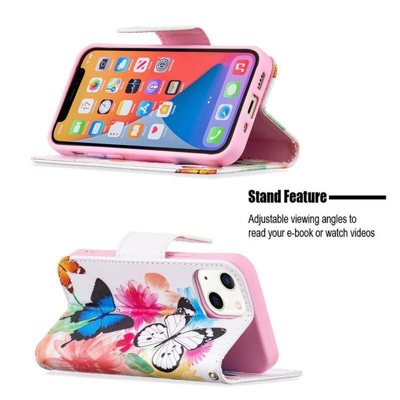 Housse iPhone 13 Mini Papillons Et Fleurs Peints