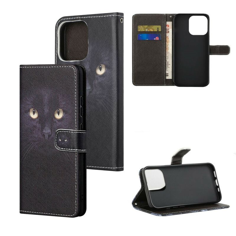 Housse iPhone 13 Yeux De Chat Noir À Lanière