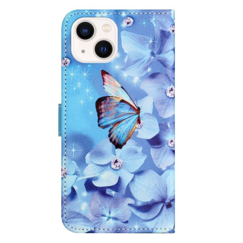 Housse iPhone 14 Plus Papillons Diamants à Lanière