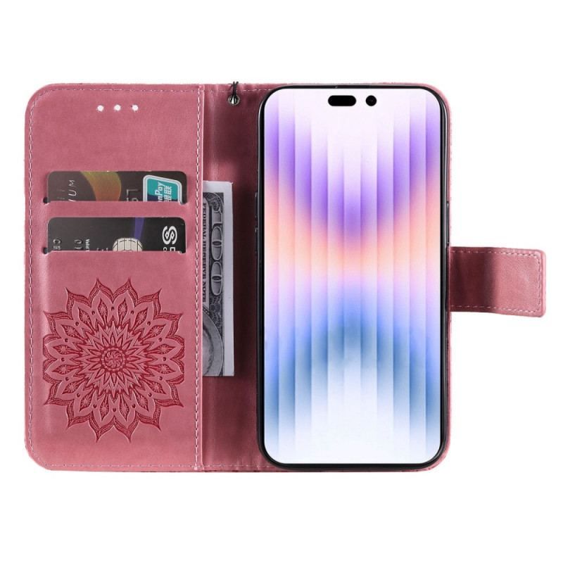 Housse iPhone 14 Pro Max Mandala Soleil avec Lanière