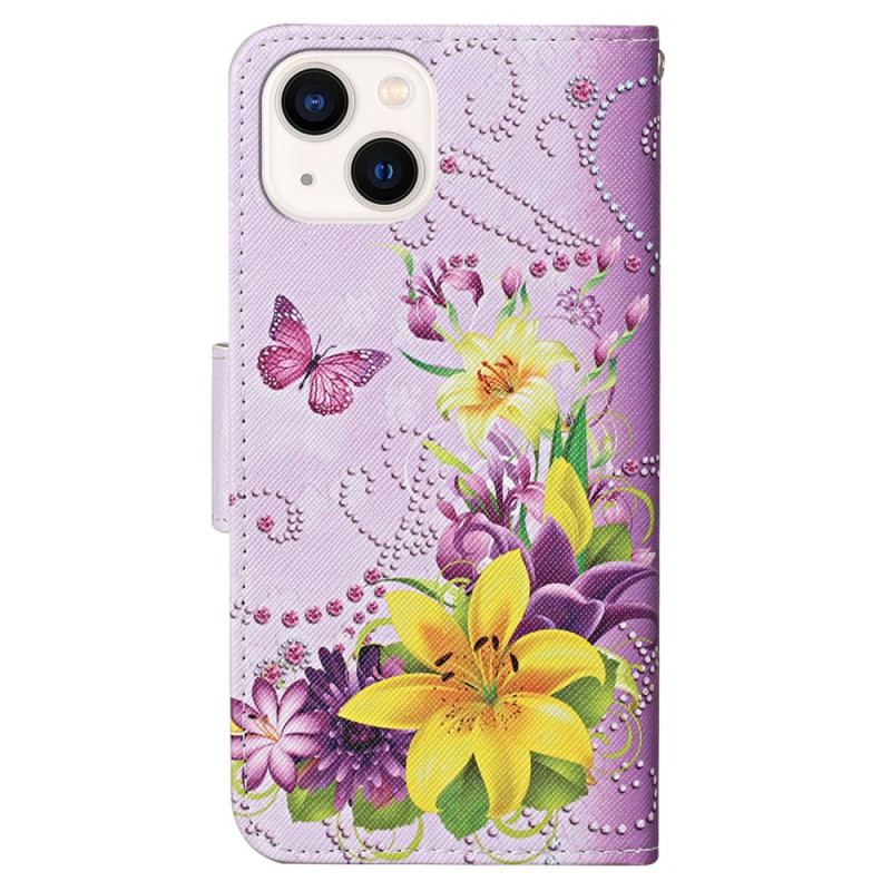 Housse iPhone 15 Papillons et Fleurs à Lanière