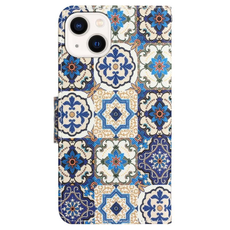 Housse iPhone 15 Patchwork Bleu à Lanière