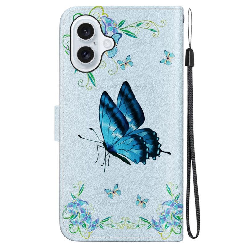 Housse iPhone 16 Papillon Bleu et Fleurs à Lanière