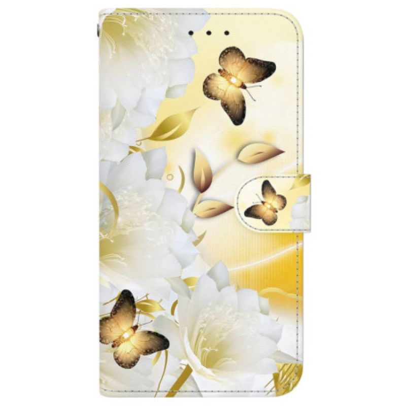 Housse iPhone 16 Papillons Dorés et Fleurs Blanches à Lanière