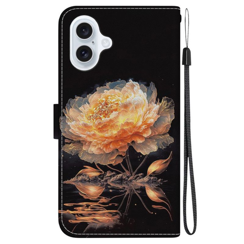 Housse iPhone 16 Pivoine Dorée à Lanière