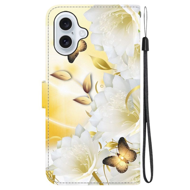 Housse iPhone 16 Plus Papillons Dorés et Fleurs Blanches à Lanière