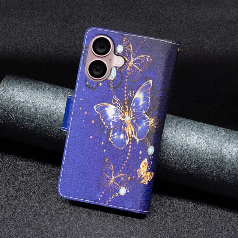 Housse iPhone 16 Plus Portefeuille Papillons Violets à Lanière