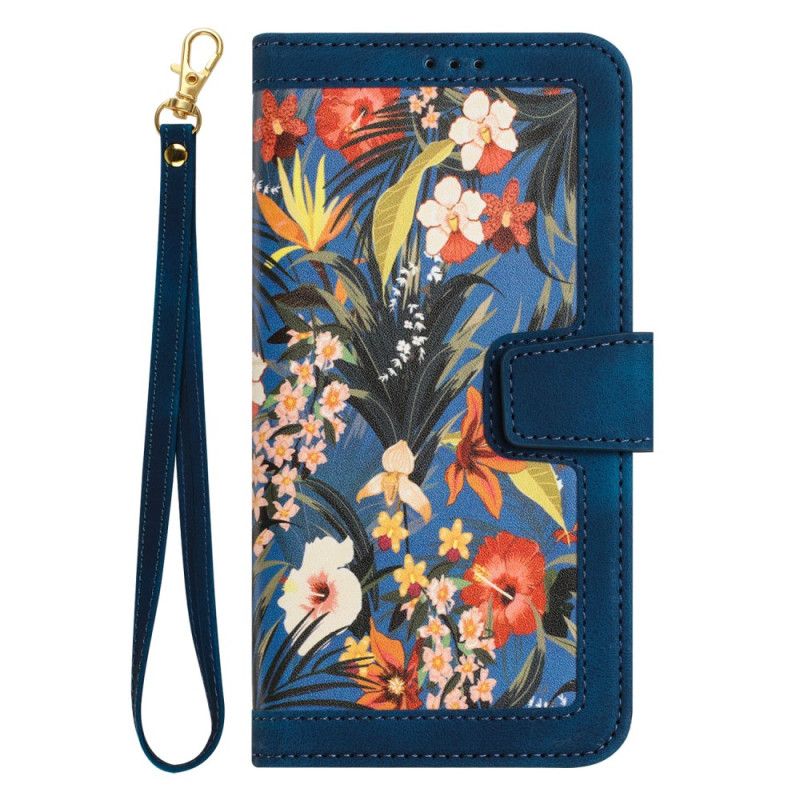 Housse iPhone 16 Portefeuille Motif Floral à Lanière