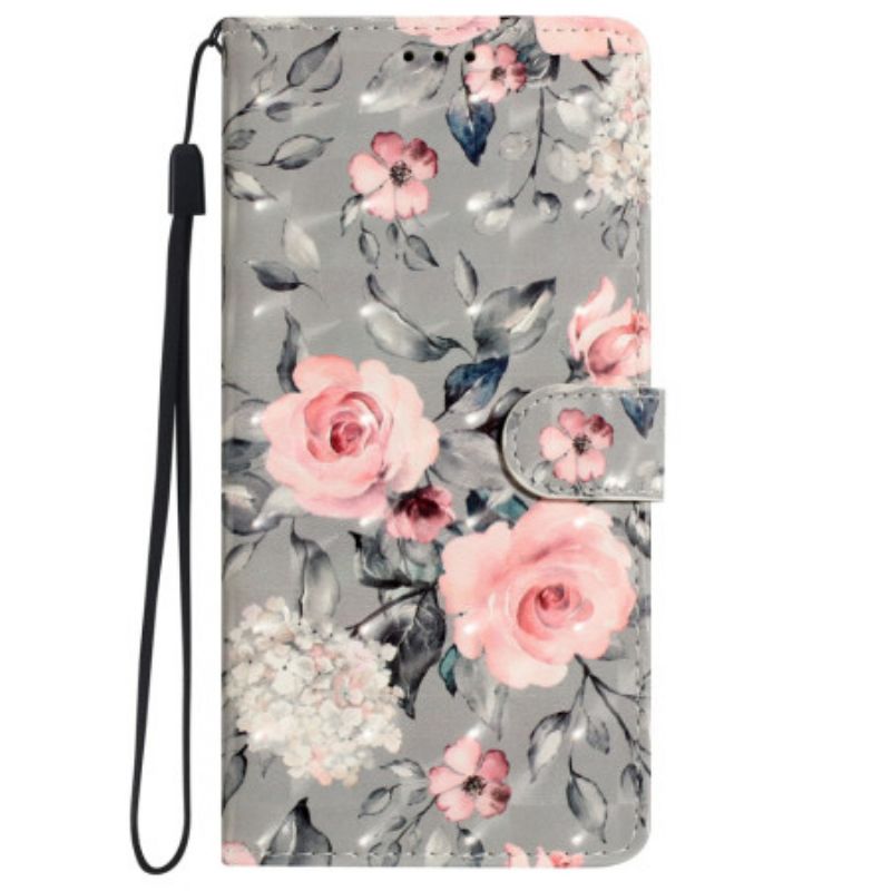 Housse iPhone 16 Pro Fleurs Roses sur Fond Gris à Lanière