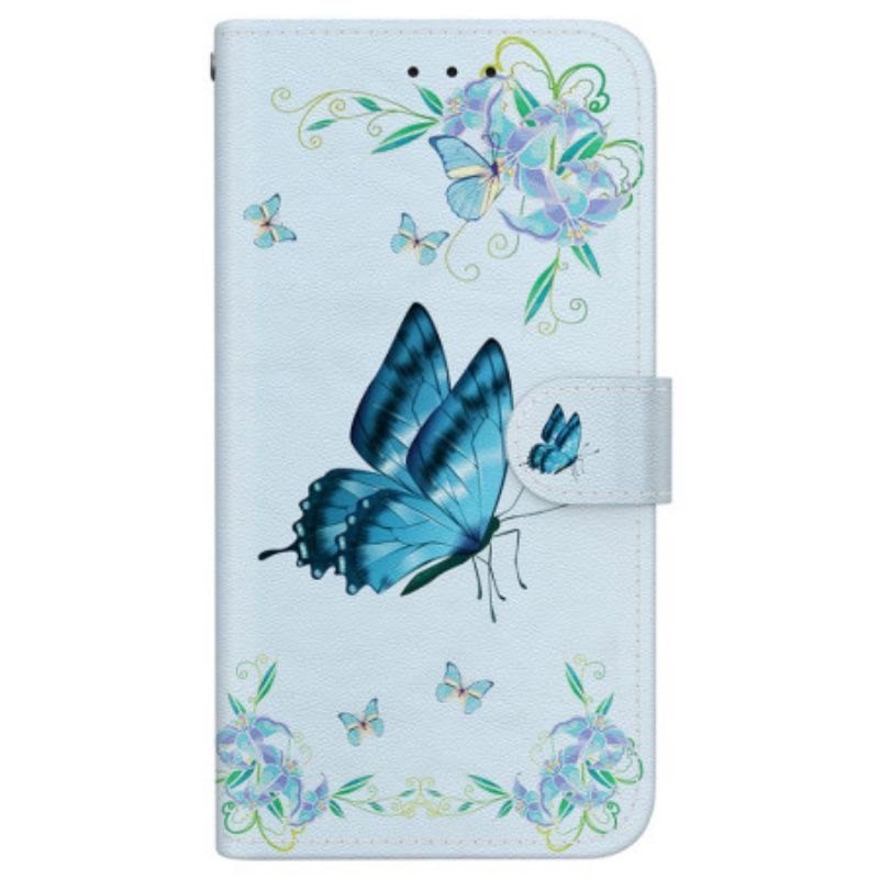 Housse iPhone 16 Pro Max Papillon Bleu et Fleurs à Lanière