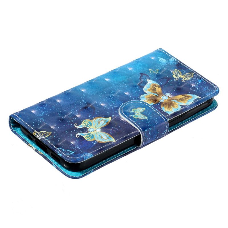 Housse iPhone 16 Pro Max Papillons Bleus Dorés à Lanière