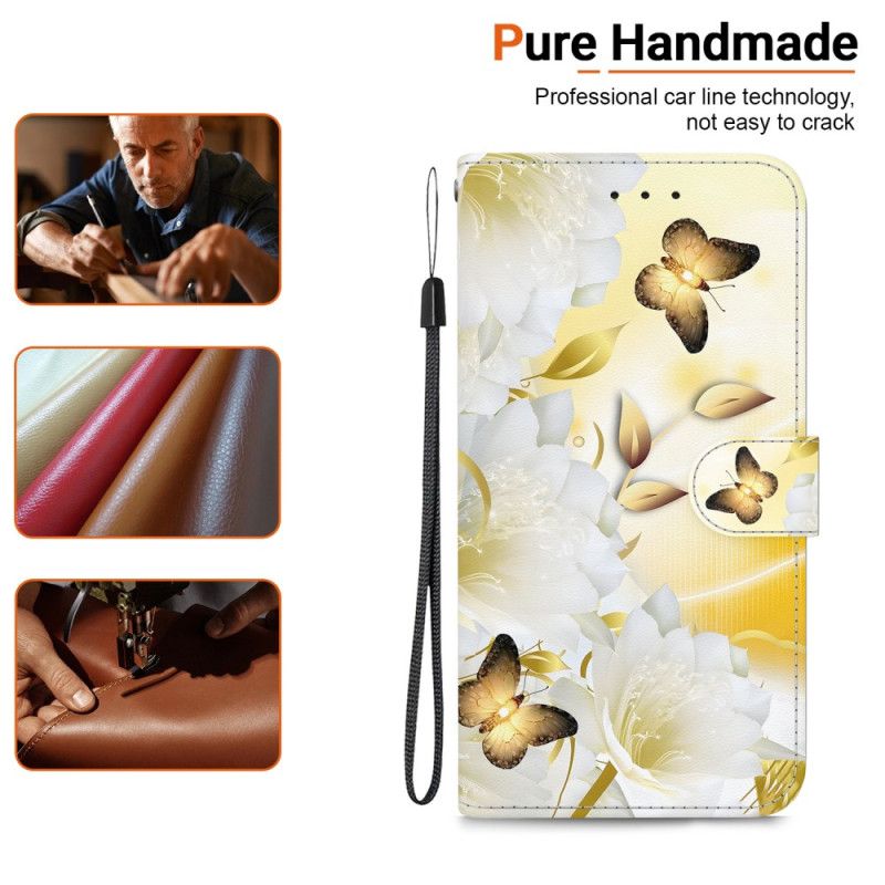 Housse iPhone 16 Pro Max Papillons Dorés et Fleurs à Lanière