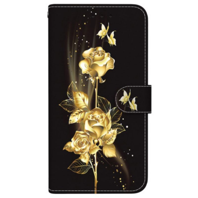 Housse iPhone 16 Pro Max Papillons Dorés et Roses à Lanière