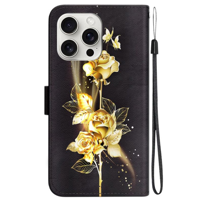 Housse iPhone 16 Pro Max Papillons Dorés et Roses à Lanière