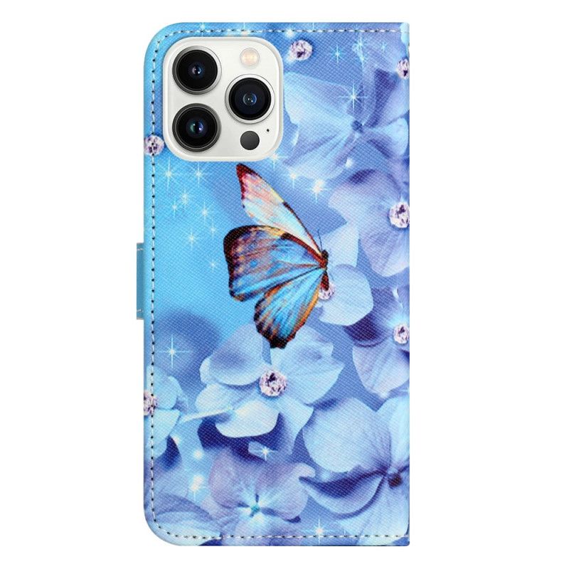 Housse iPhone 16 Pro Max Papillons et Diamants à Lanière