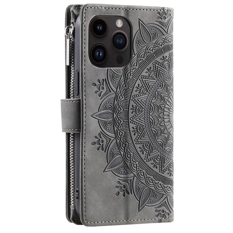 Housse iPhone 16 Pro Max Portefeuille Effet Daim Mandala