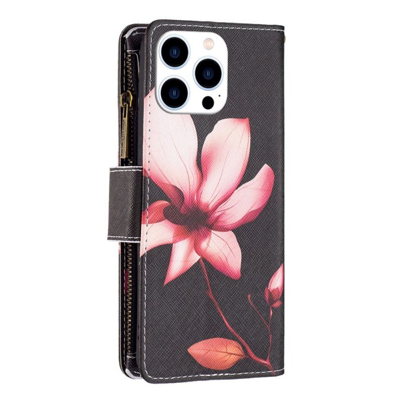 Housse iPhone 16 Pro Max Portefeuille Fleur Rose sur Fond Noir