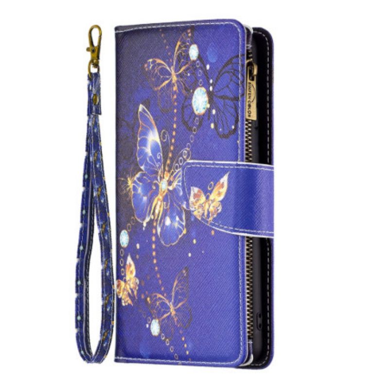 Housse iPhone 16 Pro Max Portefeuille Papillons Violets à Lanière