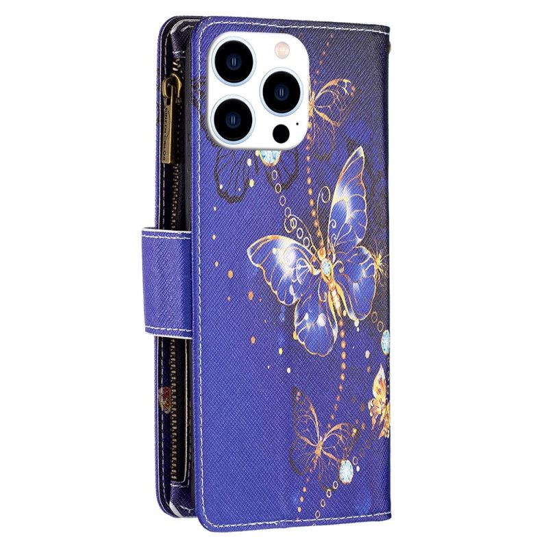 Housse iPhone 16 Pro Portefeuille Papillons Pourpres