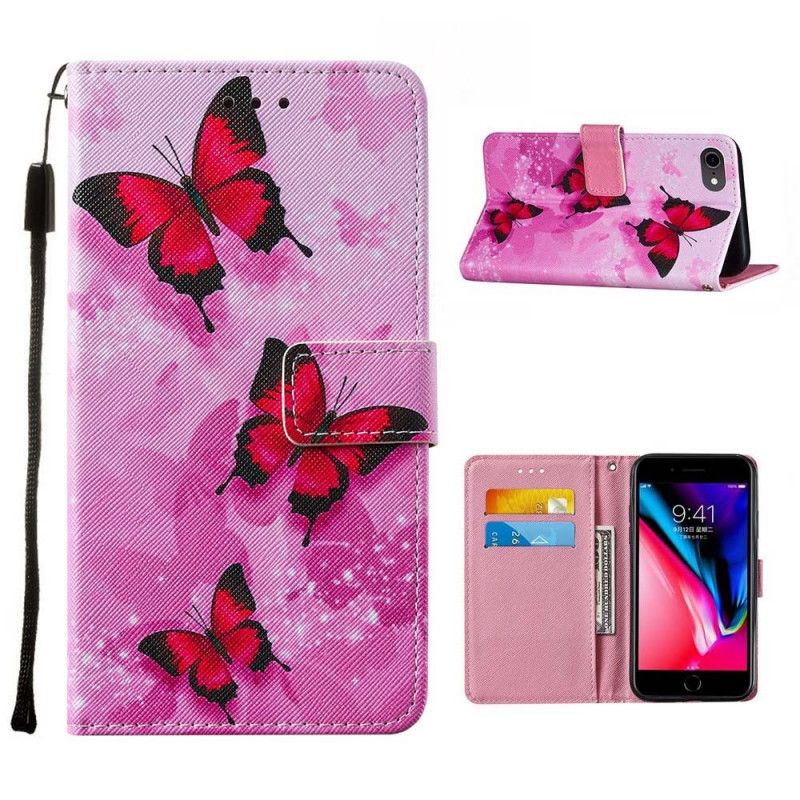 Housse iPhone Se 2 / 8 / 7 Simili Cuir Texturé Papillons