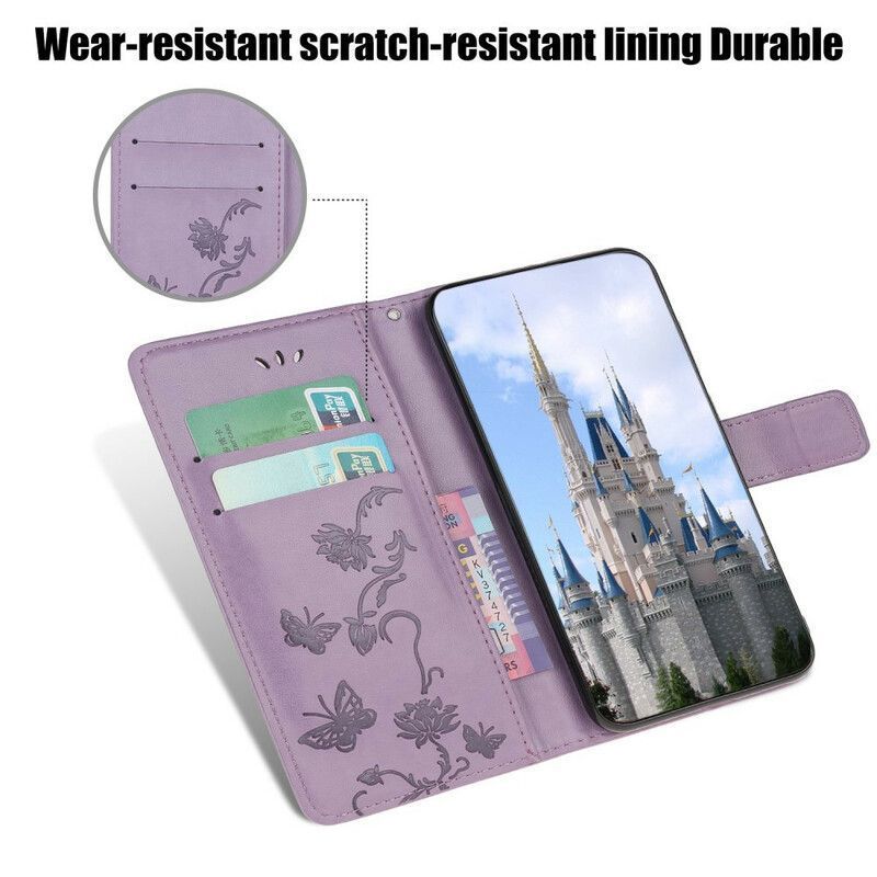 Housse Pour iPhone 13 Mini Papillons Et Fleurs À Lanière