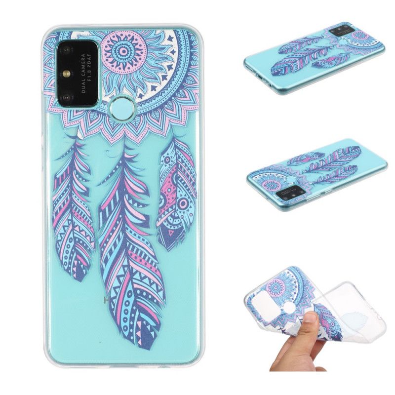 Coque Honor 9a Transparente Attrape Rêves Plumes Bleues