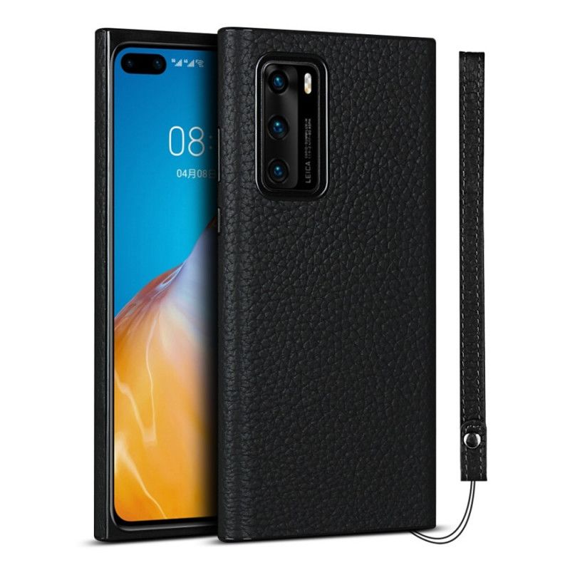 Coque Huawei P40 Véritable Cuir Litchi Avec Lanière