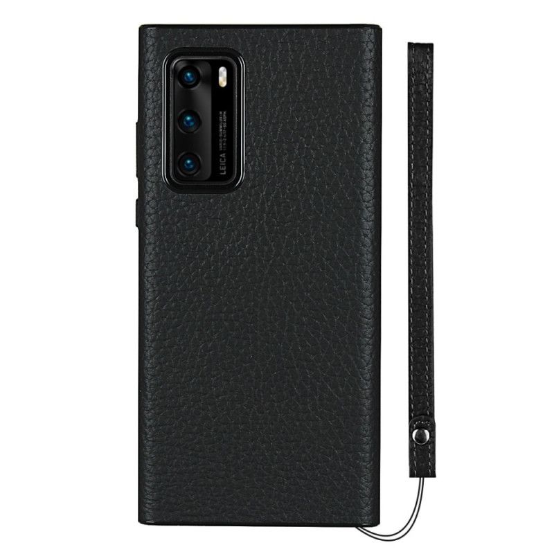 Coque Huawei P40 Véritable Cuir Litchi Avec Lanière