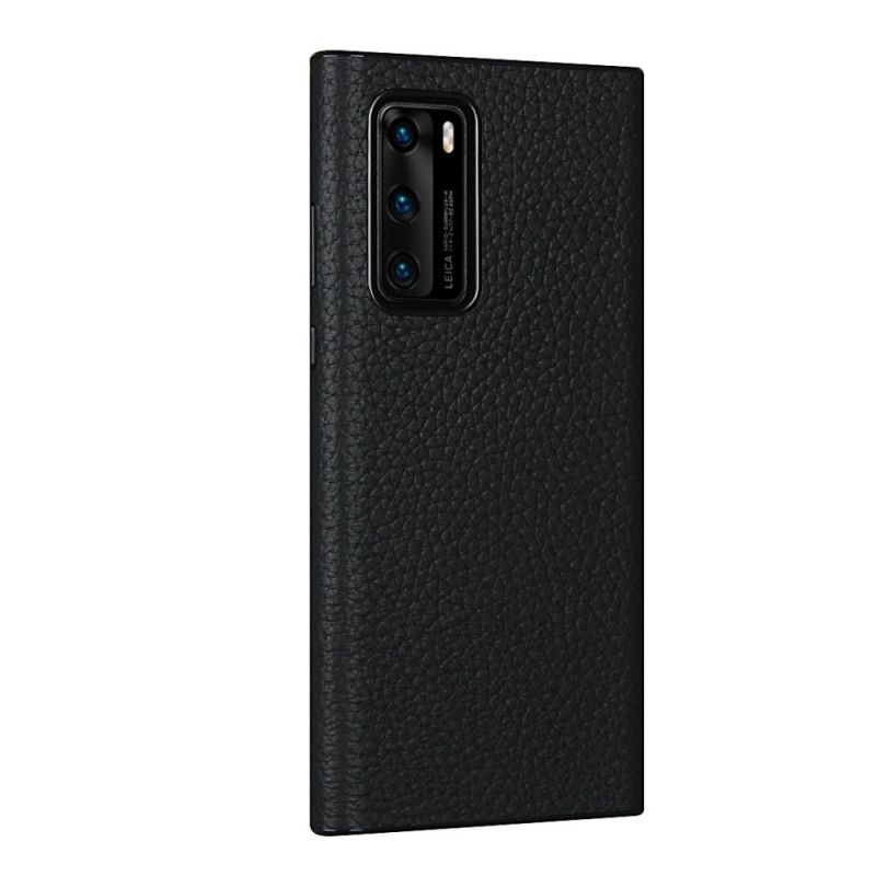 Coque Huawei P40 Véritable Cuir Litchi Avec Lanière