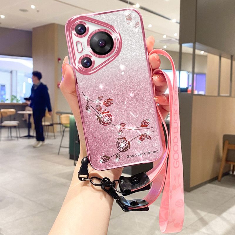 Coque Huawei Pura 70 Pro Fleurs et Strass avec Lanière