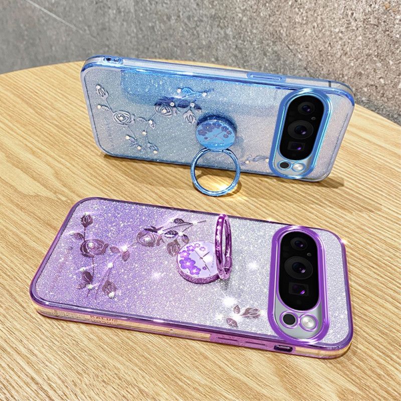 Coque Google Pixel 9 Pro Anneau-Support Fleurs et Strass KADEM