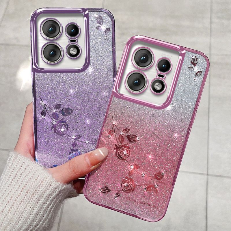 Coque Motorola Edge 50 Pro 5G Fleurs et Strass à Lanière KADEM