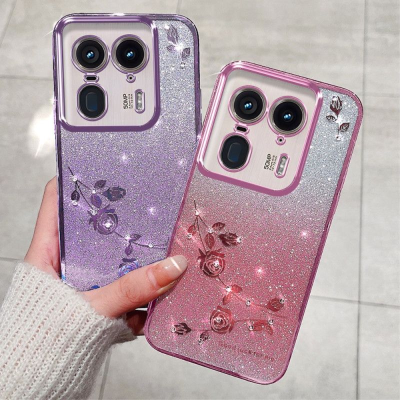 Coque Motorola Edge 50 Ultra Fleurs et Strass à Lanière KADEM